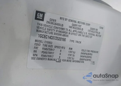 2007 Chevrolet Silverado 1500 Work Truck z USA, uszkodzony, nr VIN 1GCEC14C67Z520166